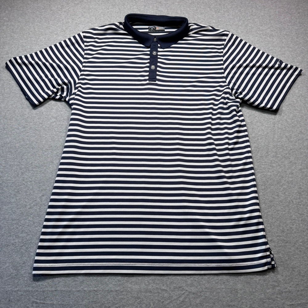Callaway Mens XL Opti-Dri Golf Polo Shirt Navy Blue White Striped Short Sleeve